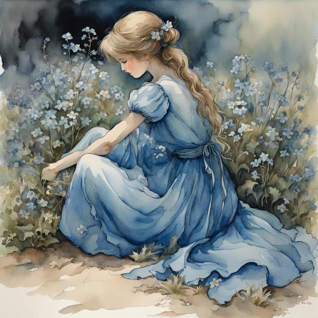 Girl in Forget-Me-Nots, Rackham-Style Watercolor
