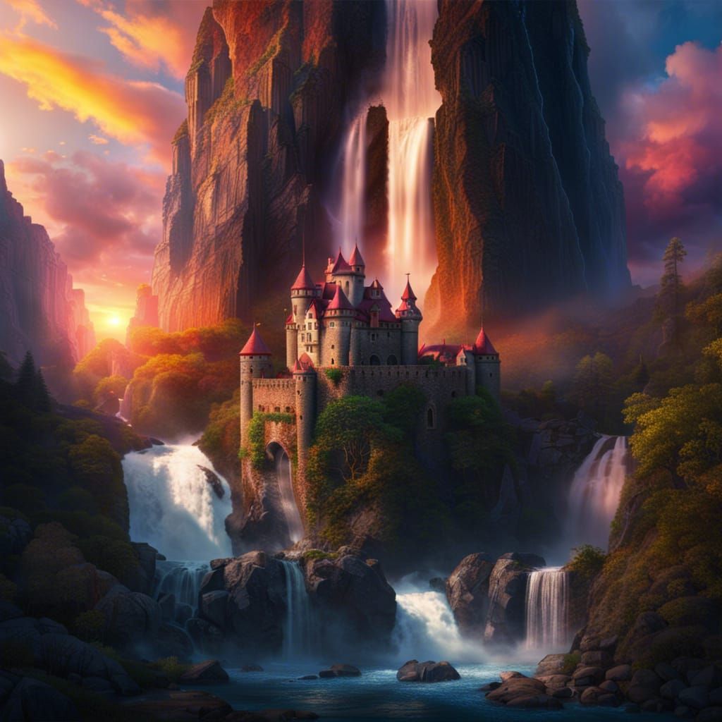 Majestic Waterfall and Tiny Castle at Sunset