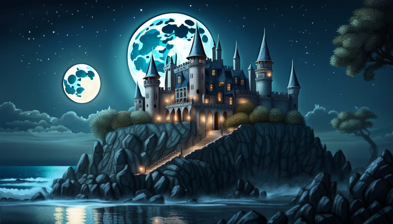 Fantasy Castle Overlooking Ocean Under Full Moon