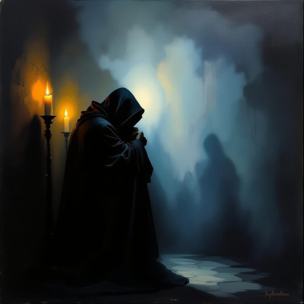 Solitary Figure in Dramatic Shadow, Oil Painting