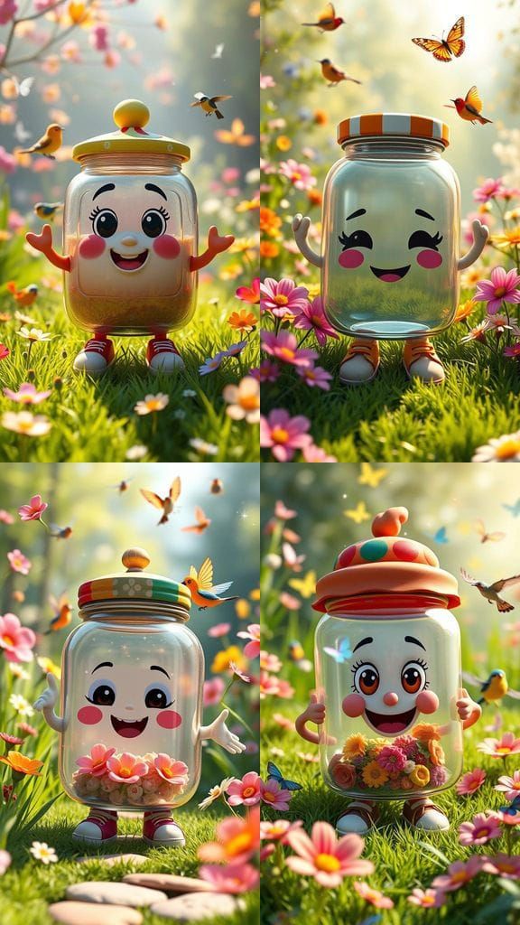 Adorable Cartoon Jar in Vibrant Garden Scene