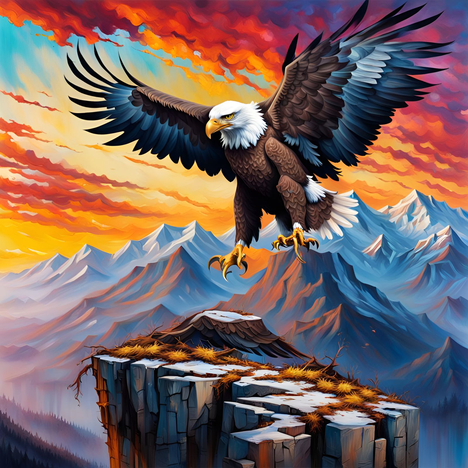 Eagle Nest on Mountain Ledge in Graffiti Art Style