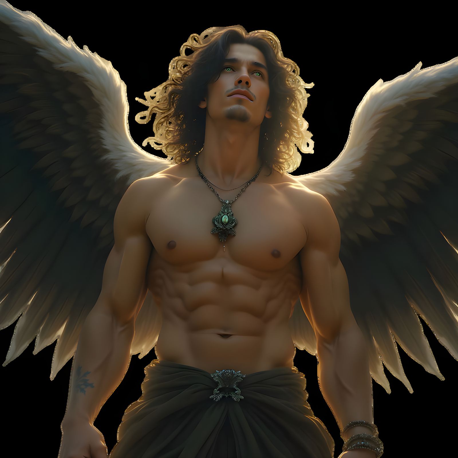 Chiseled Hero with Divine Wings in Ethereal Glow