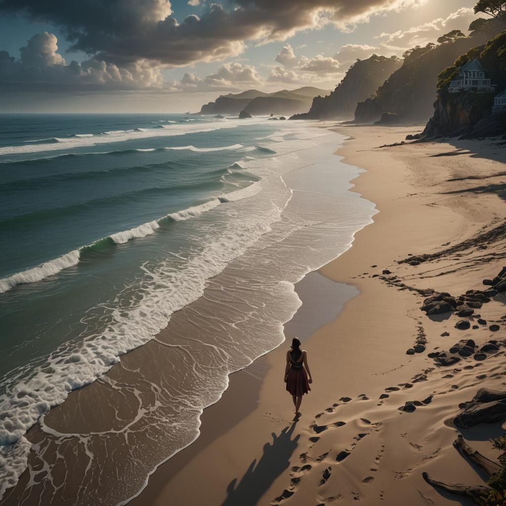 Girl on Beach: Detailed Matte Painting in 8k