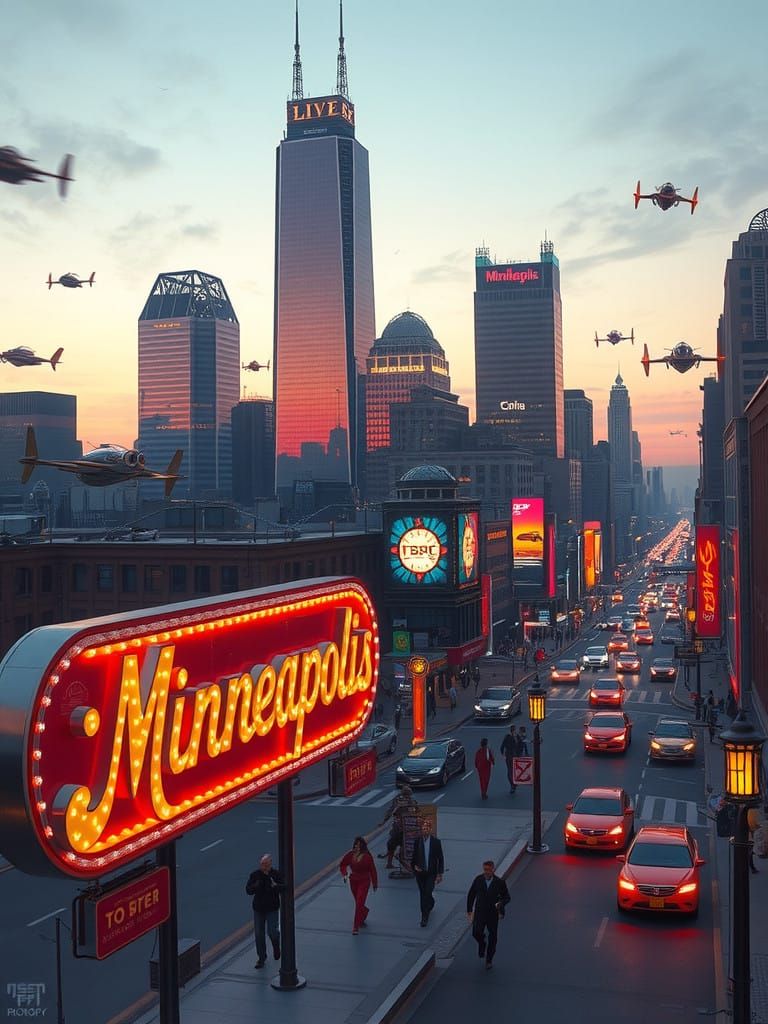 Cyberpunk Minneapolis Cityscape with Retro-Futuristic Flair