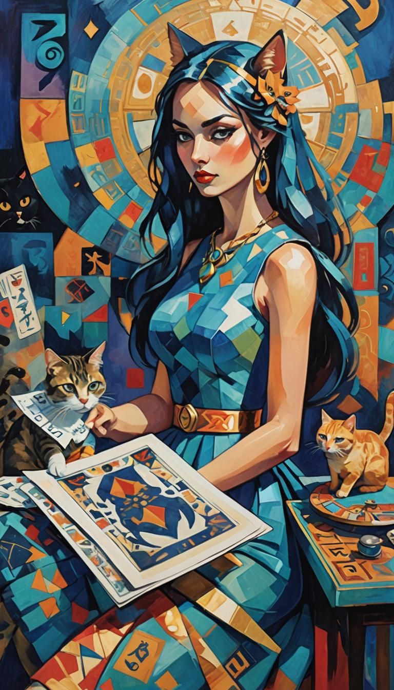 Cubist Cat Girl Writes Tarot Card