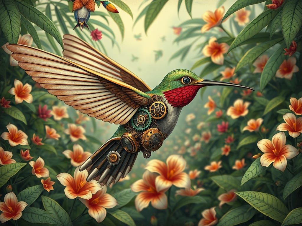 Steampunk Mechanical Hummingbird in Lush Jungle
