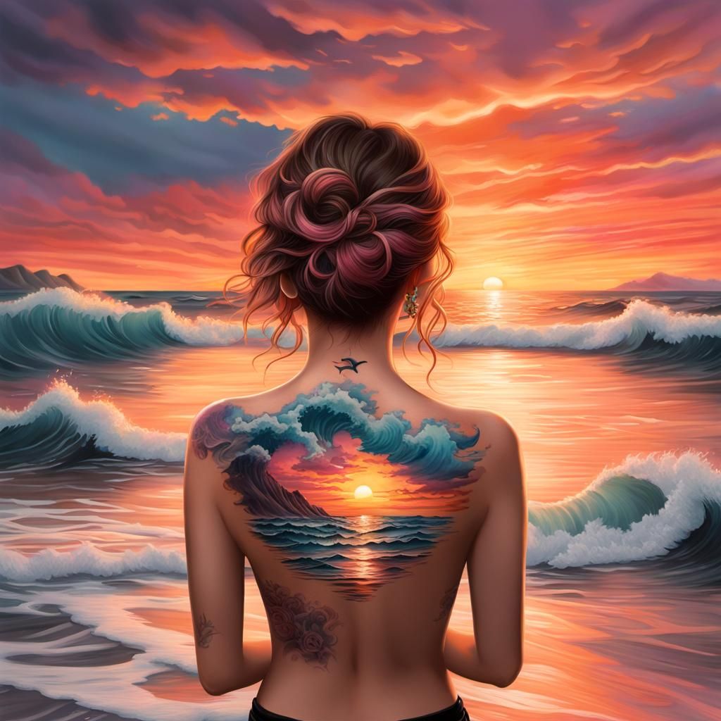 Sunset Silhouette: Woman with Ocean Tattoo in Hyperrealism