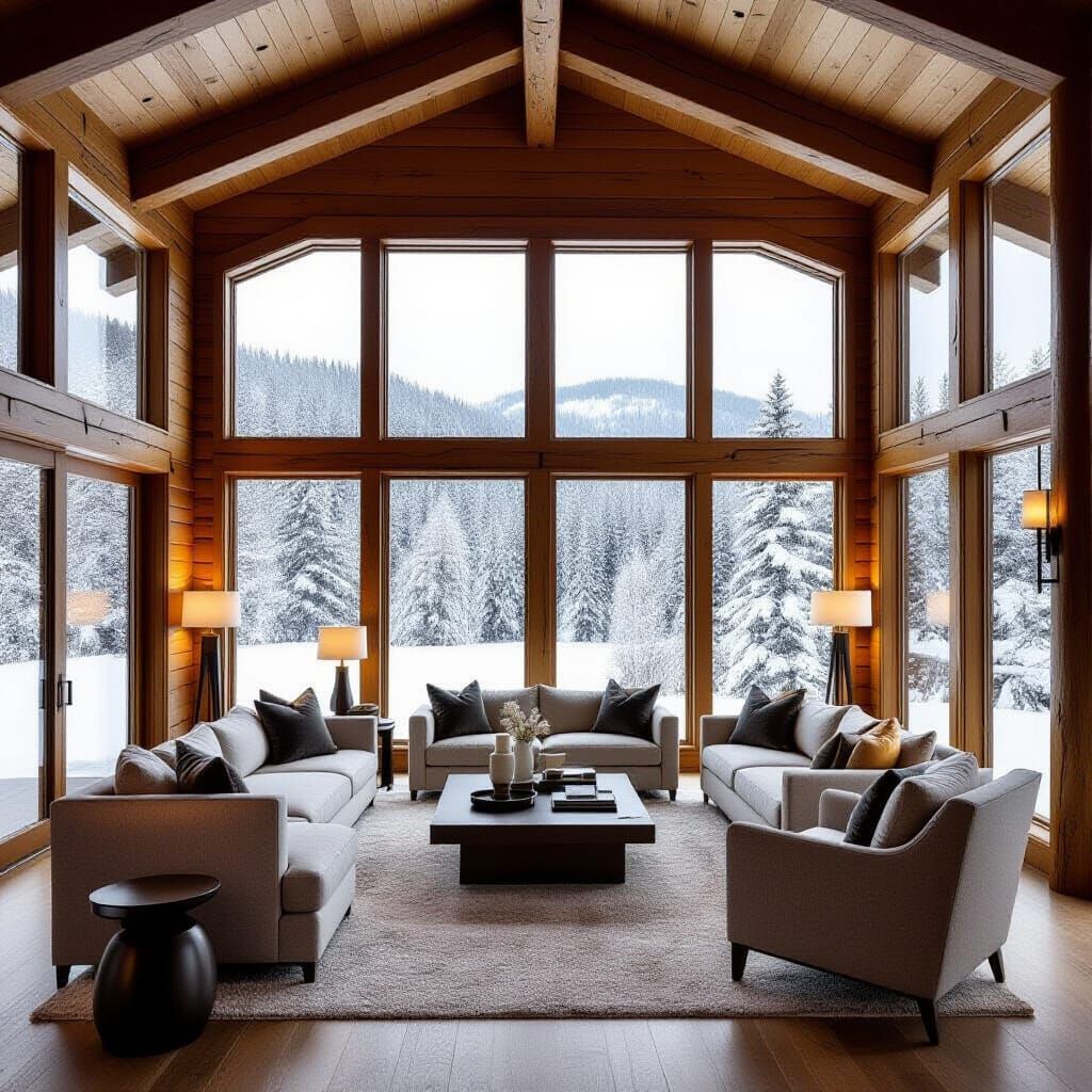 Luxurious Log Cabin Living Room with Panoramic Snow Views