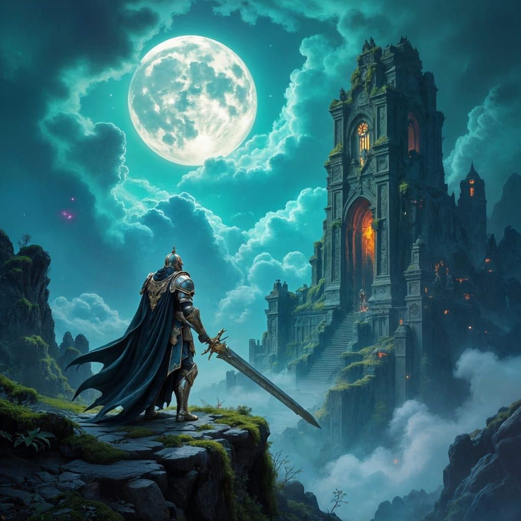 Knight Atop Ancient Ruin Under Nebula Sky