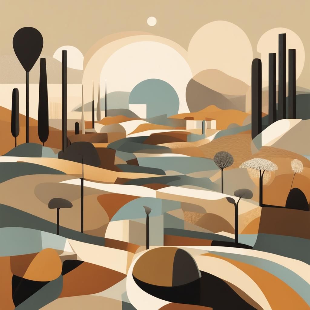 Mediterranean landscape, abstract shapes, geometric forms, serene, bold lines, earth tones, sunlit, sculptural elements,...