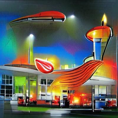 Googie Gas Station at Night in Pop Art Style
