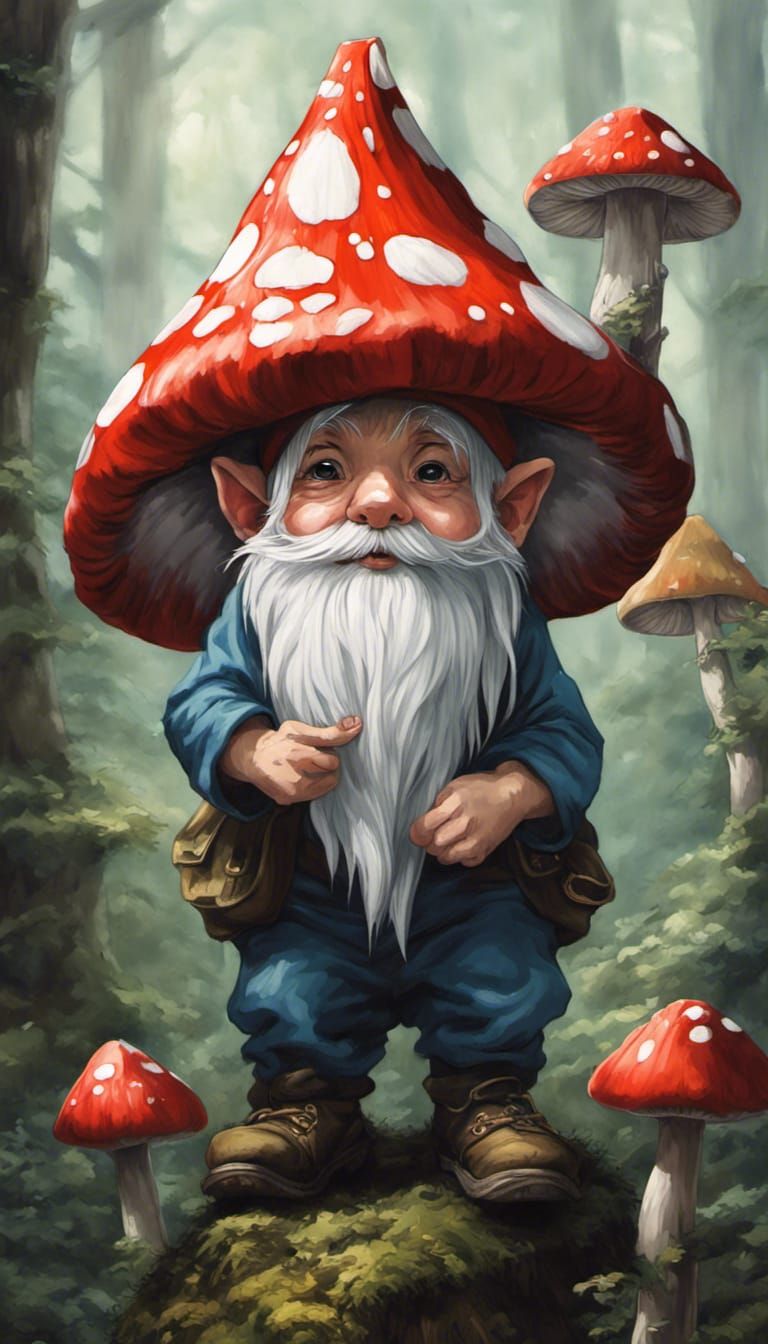 Hyperrealistic Gnome in Mushroom Hat, Anime Style
