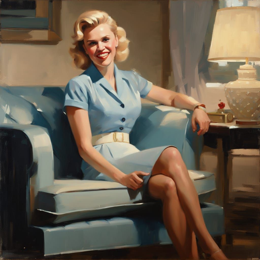 Vintage Homemaker at Ease in 1950s Living Room