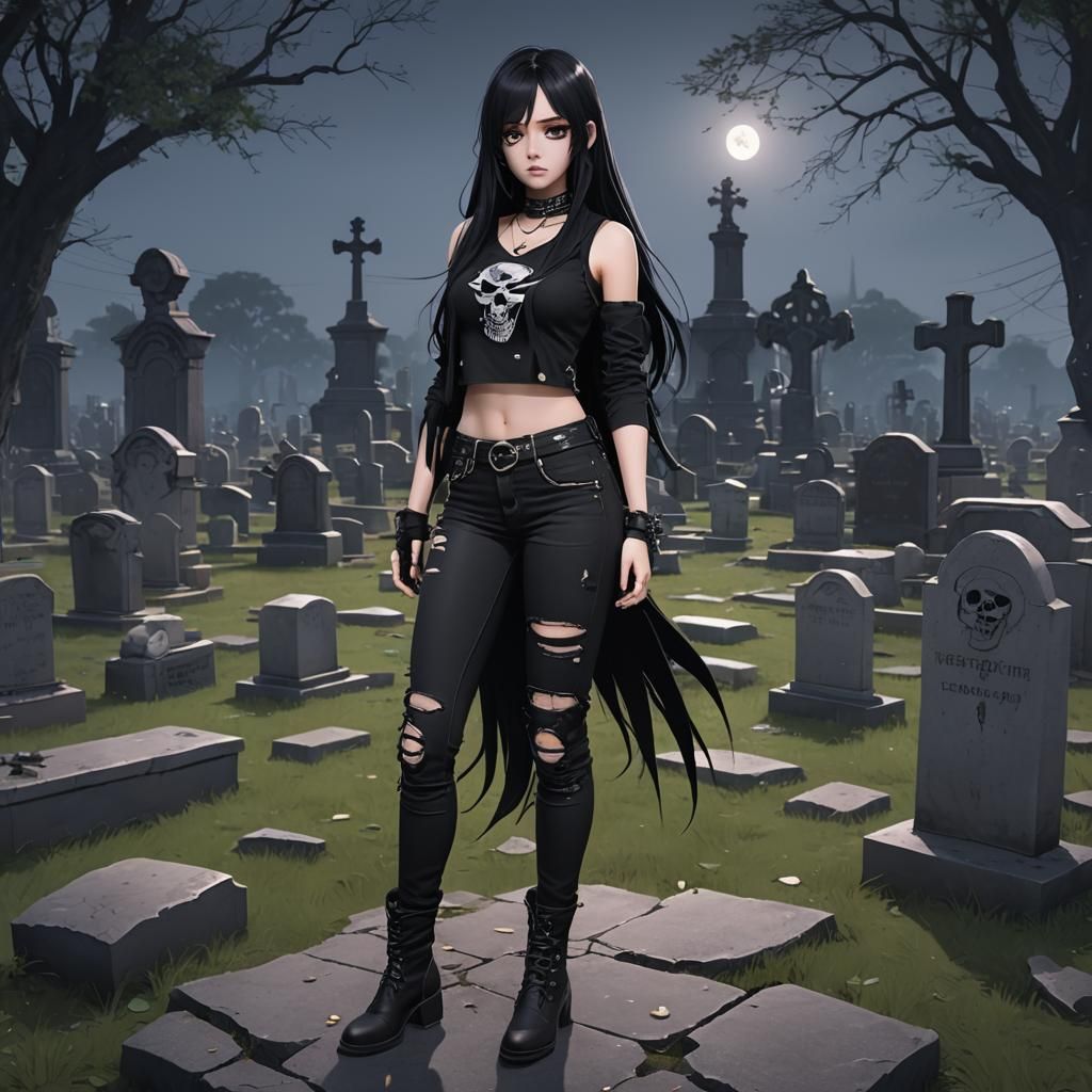 Anime Style Goth Girl in Graveyard at Midnight