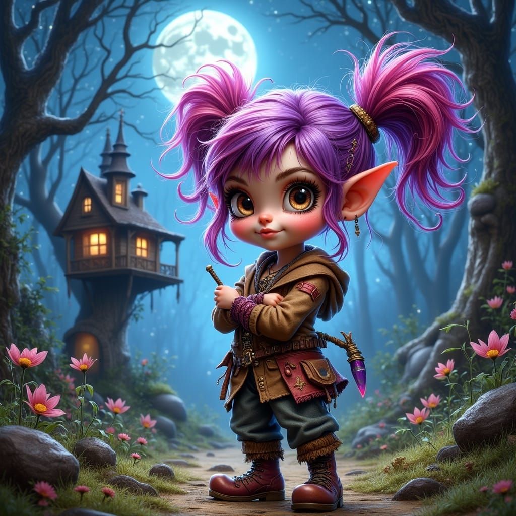 Gnome with Pink Ponytails in Mystical Forest