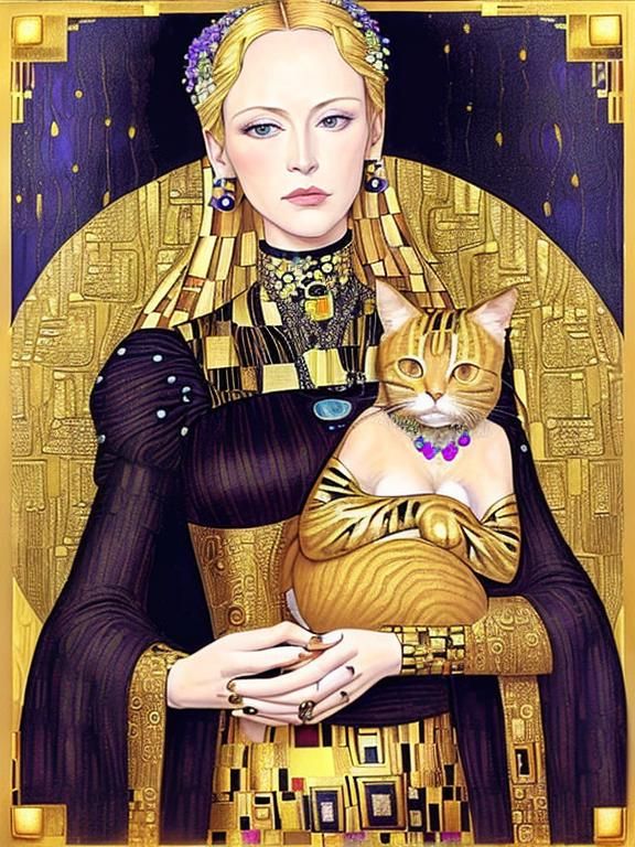 Klimt-Inspired Surreal Portrait of Woman with Cat