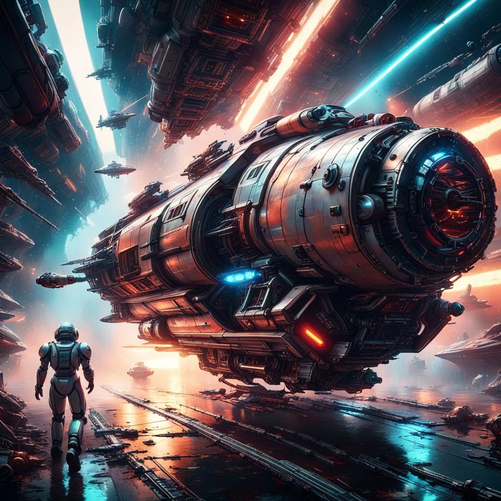 Pre-Raphaelian Sci-Fi Robot Fighters in Explosive Flight