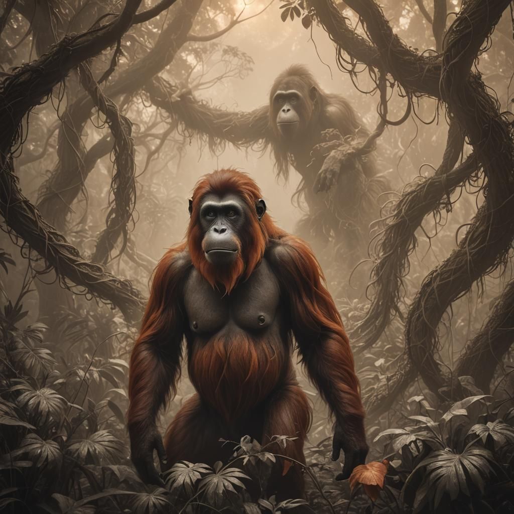 Orangutan Portrait in Misty Jungle, Sepia Monochrome