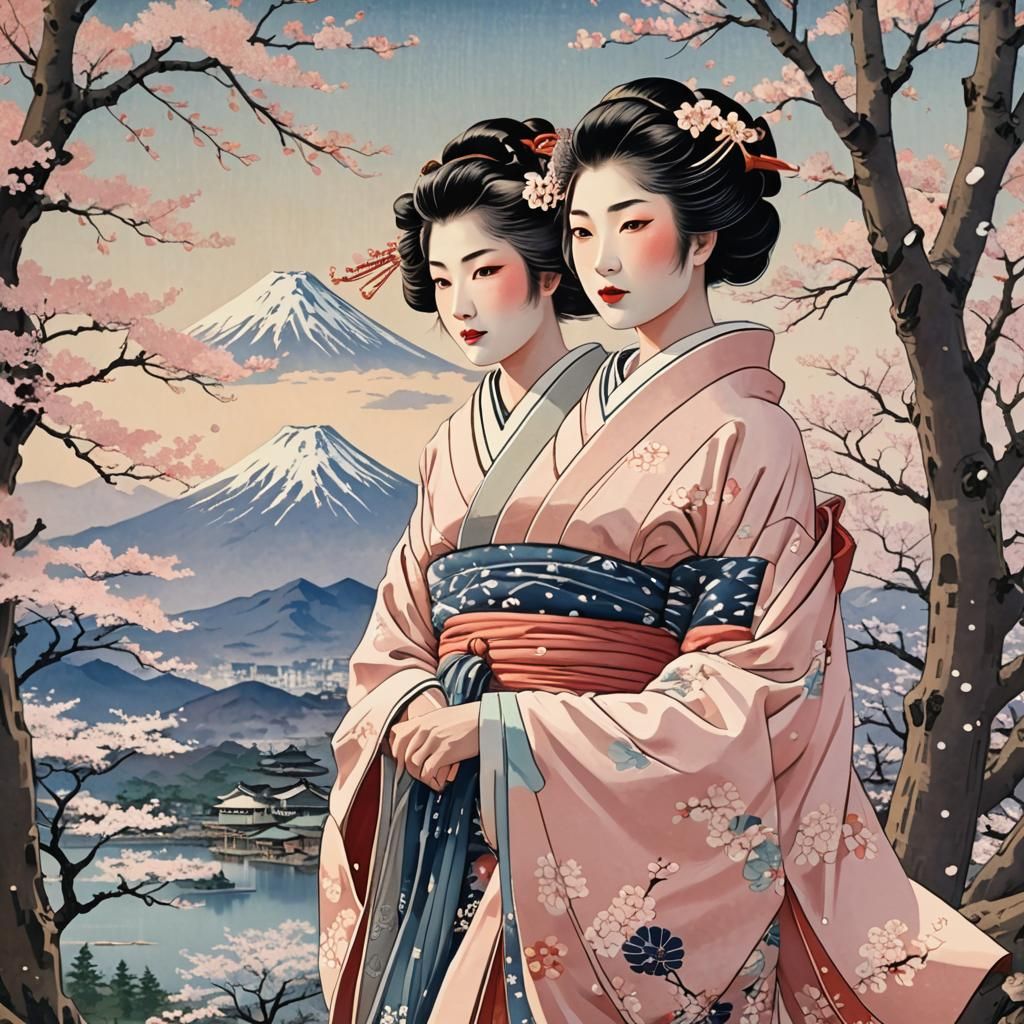 Geisha and Mount Fuji: Ukiyo-e Japanese Woodblock Print