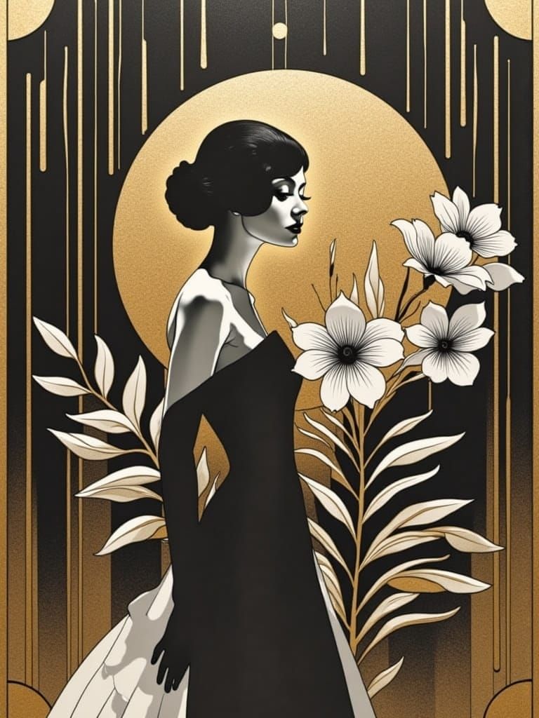 Impasto Art Deco Floral Garden Scene in Black White and Gold