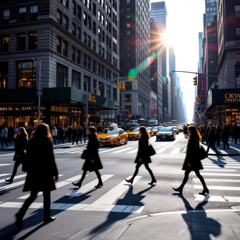 Cinematic NYC Intersection with Ghostlike Figures
