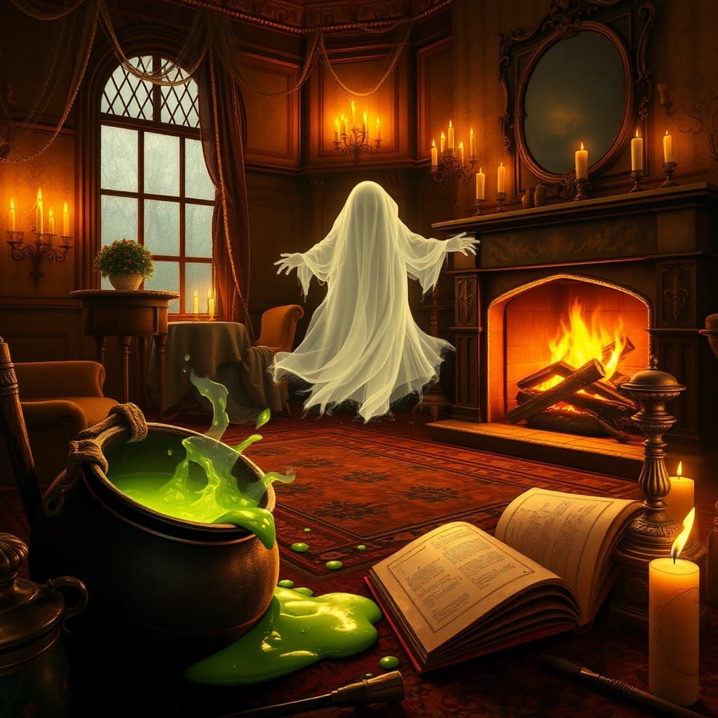 Eerie Victorian Parlor Scene with Ghostly Apparition