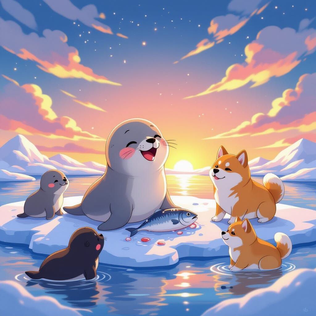Cute Baby Seal Eats Cod with Shiba Inu at Sunset