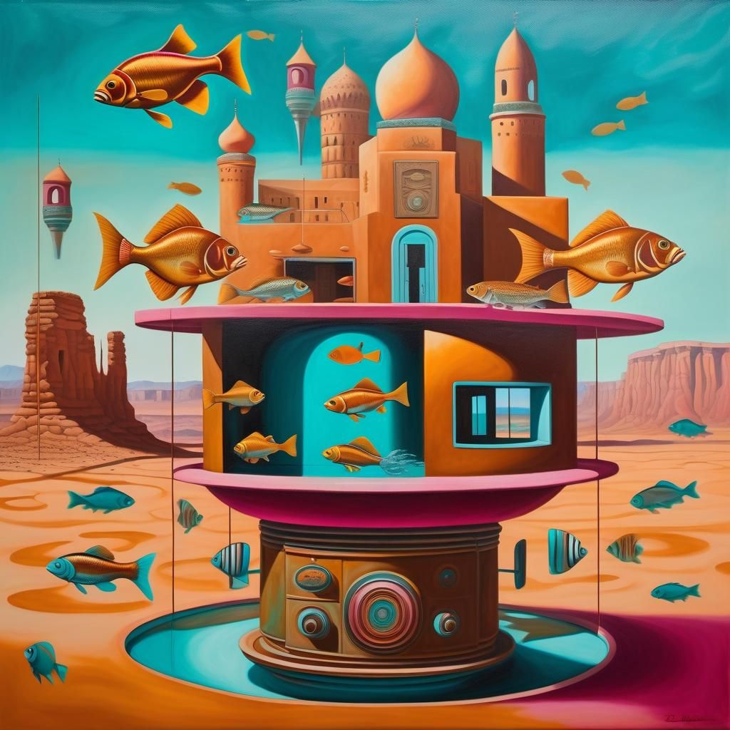 Surreal Oil Painting: Fish Machines in Desert Vision