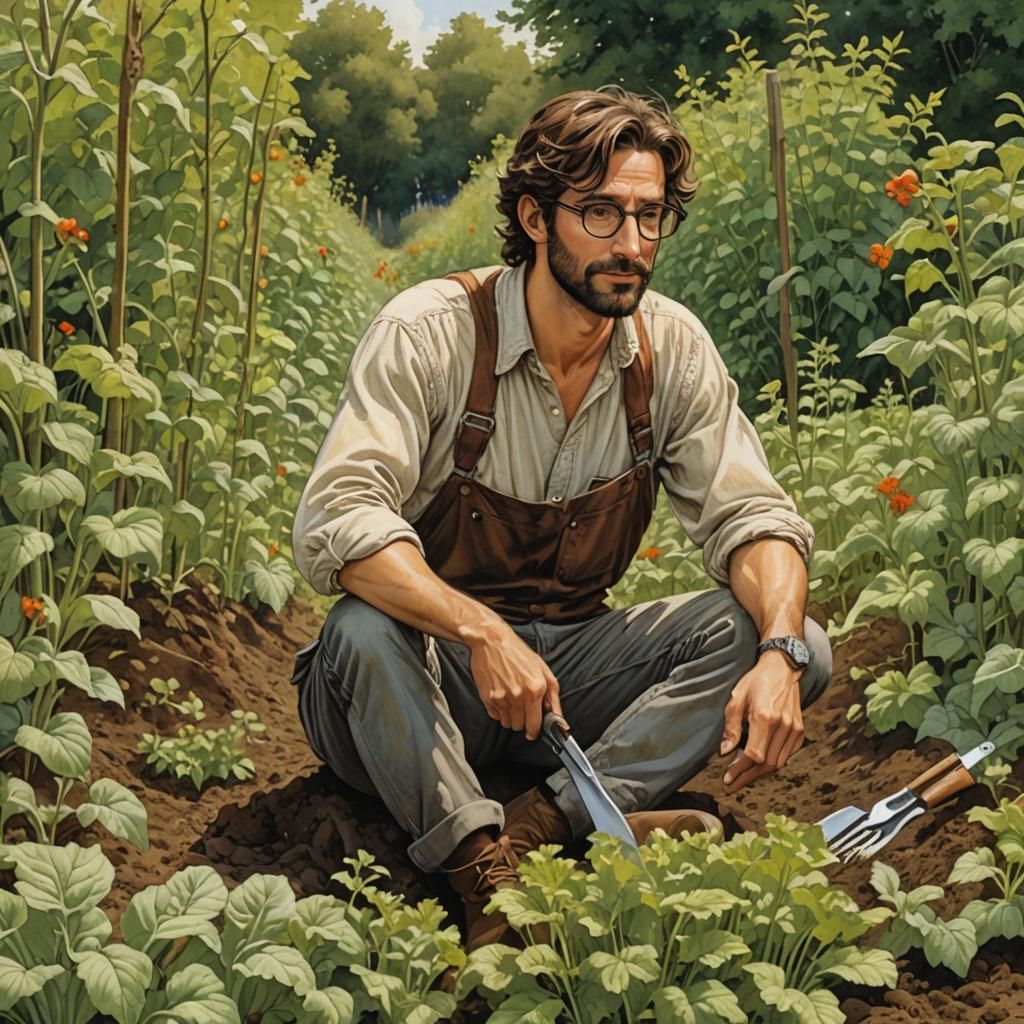 Dreaming Man in Garden, Modern Fantasy Style