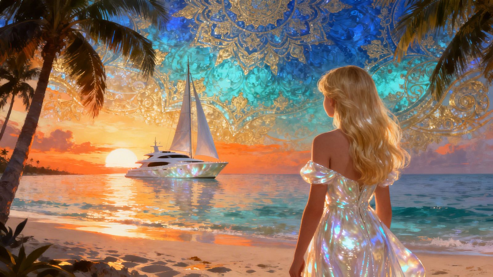 Pearlescent Yacht Sails on Ethereal Sunset Ocean