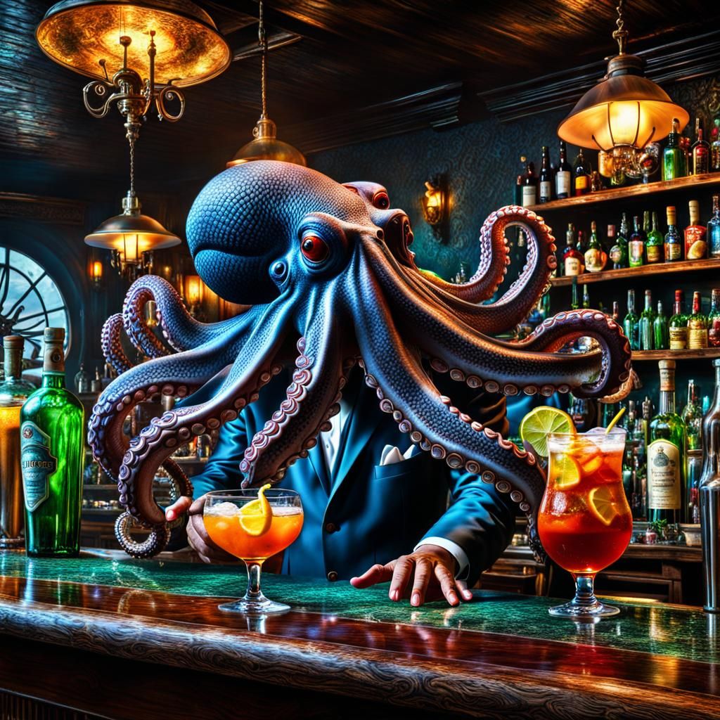 Octopus Bartender Mixing Drinks in Caribbean Bar
