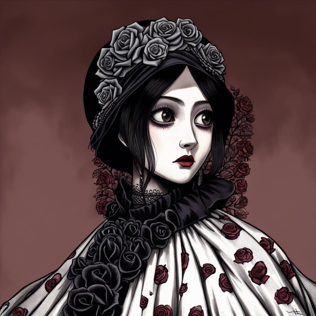 Horror Woman in Victorian Dress with Roses