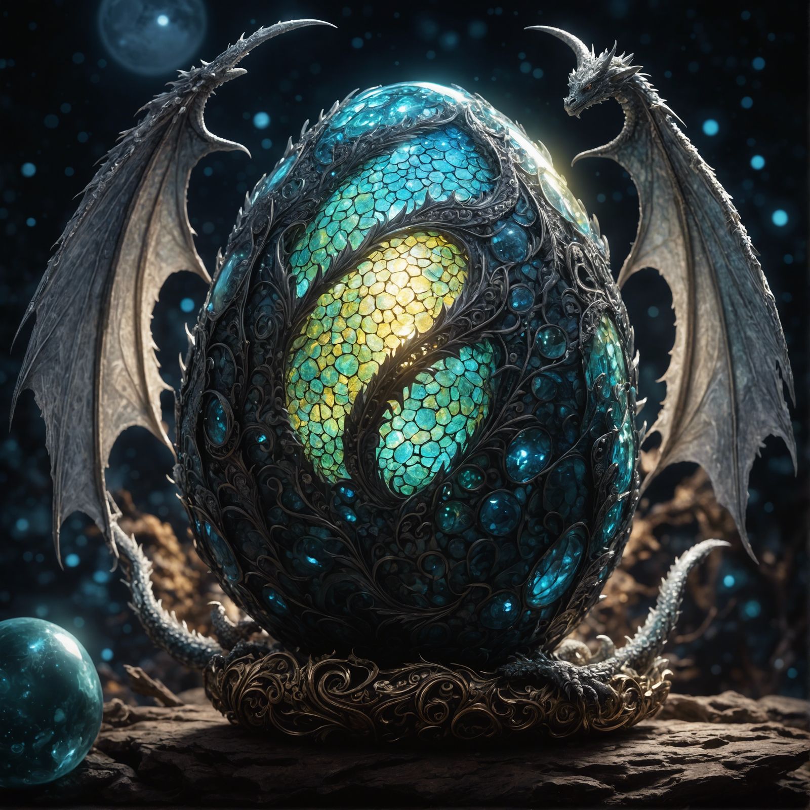 Bioluminescent Dragon Egg Under Moonlight