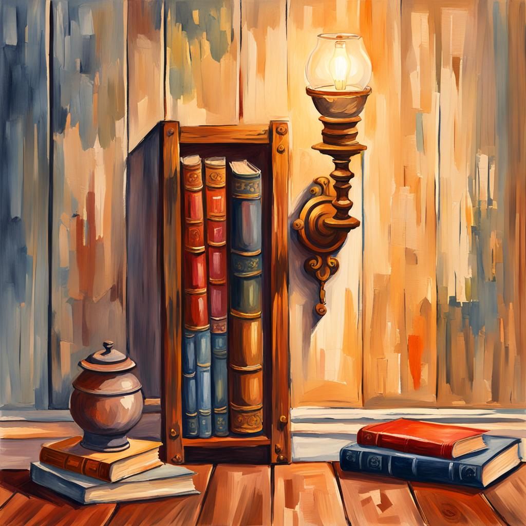 Wooden Sconce and Books in Gouache Watercolor Style