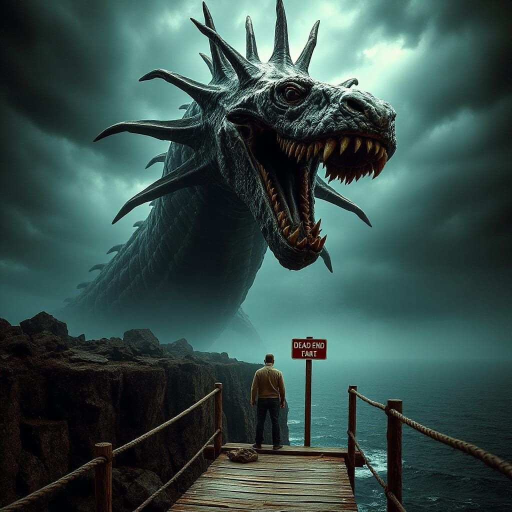 Terrifying Serpentine Creature Overlooking Man, in Surreal S...