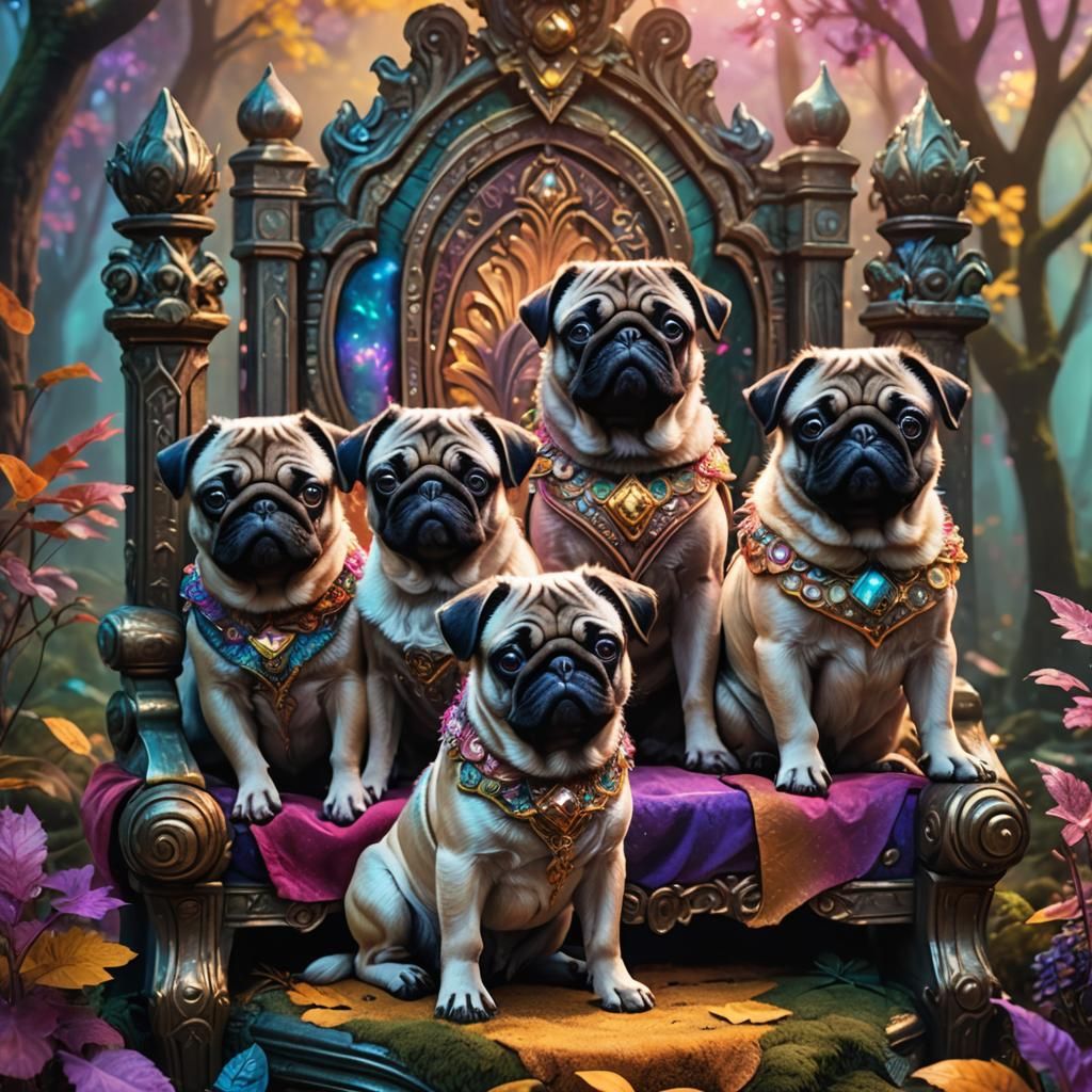 Pugs on Throne in Mystical Forest: Fantasy Art