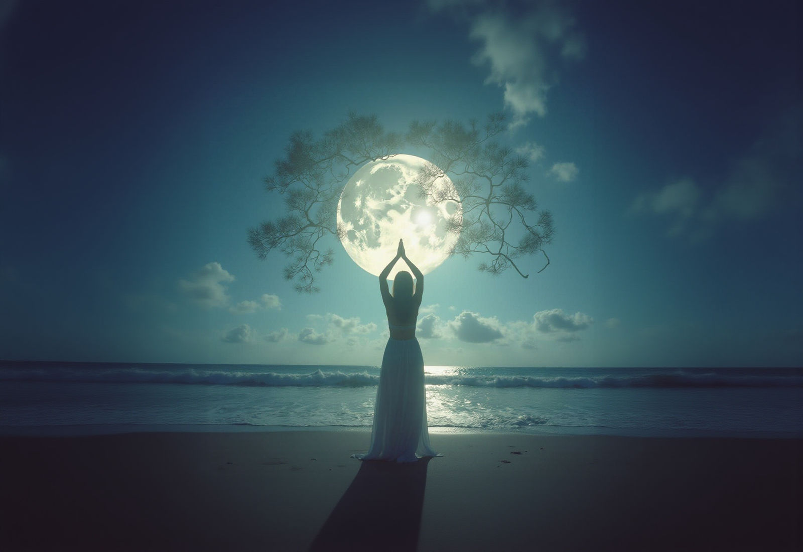 Mystical Beach Prayer Scene with Glowing Tree