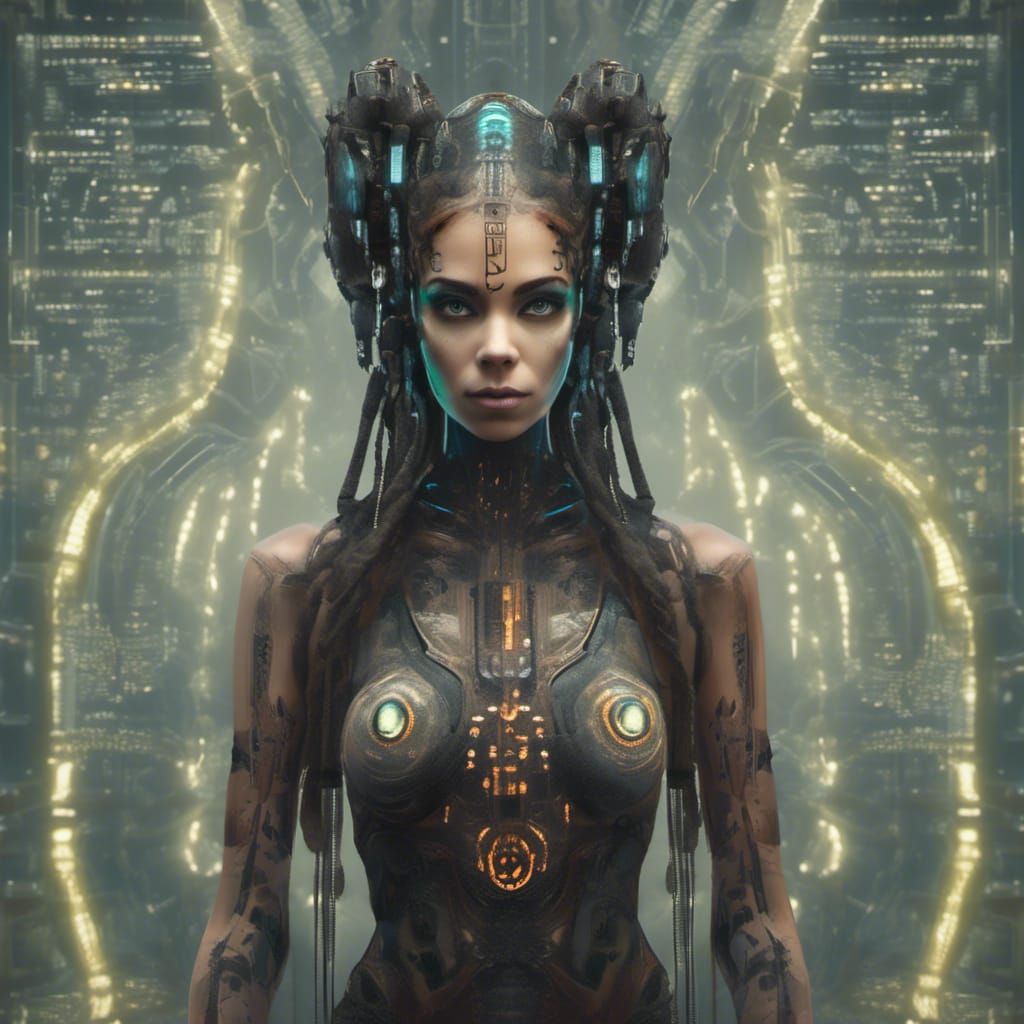 "front profile of (sadly glancing down) young cyberpunk woman (wearing an eye examinaton chart chart pattern sari), glow...