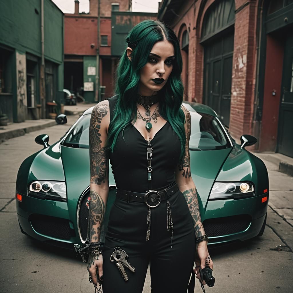 Goth Girl with Supercar in Cinematic Film Still