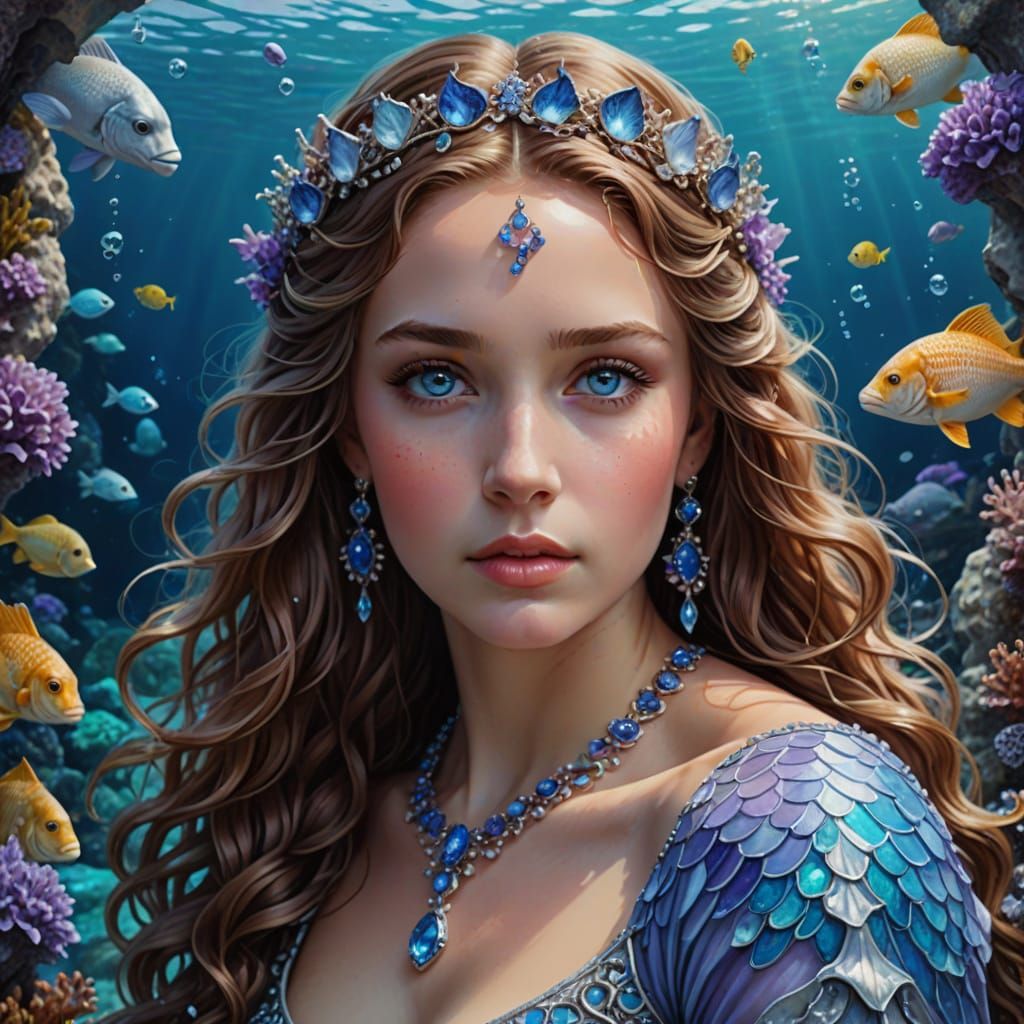 Portrait of Nereid Goddess with Sea Life Background