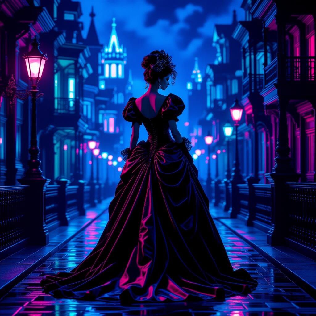 Gothic Madame in Neon Victorian City