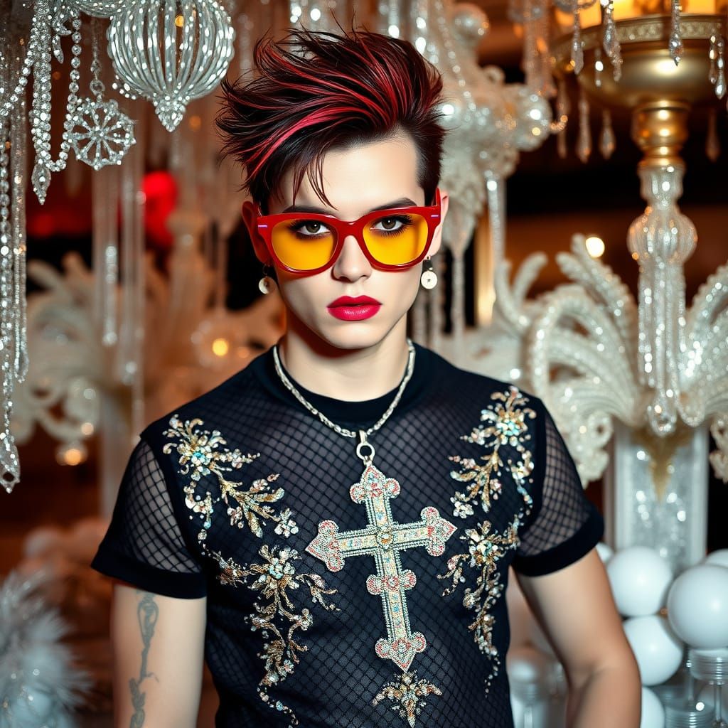 Flamboyant 80s Gay Icon in Opulent Setting