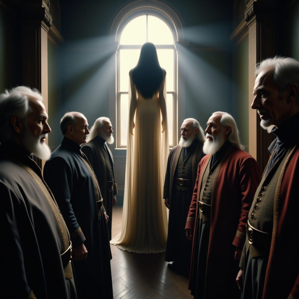 Ethereal Milady Haunts Fearful Musketeers in Dim Hall