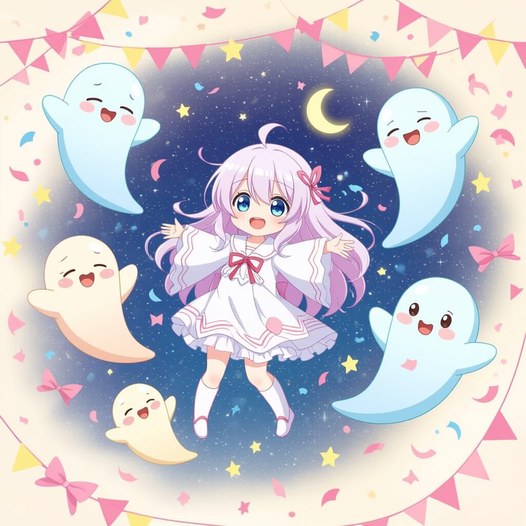 Cute Anime Ghosts Floating Amidst Confetti