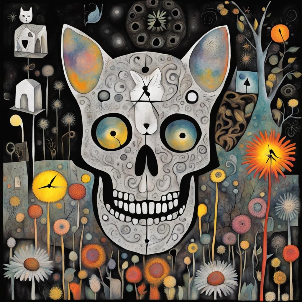 Skull,cat, mouse, candle, clock , in a Million Dandelion dreamscape, Salvador Dali collaboration Paul Klee and Tim Burt...
