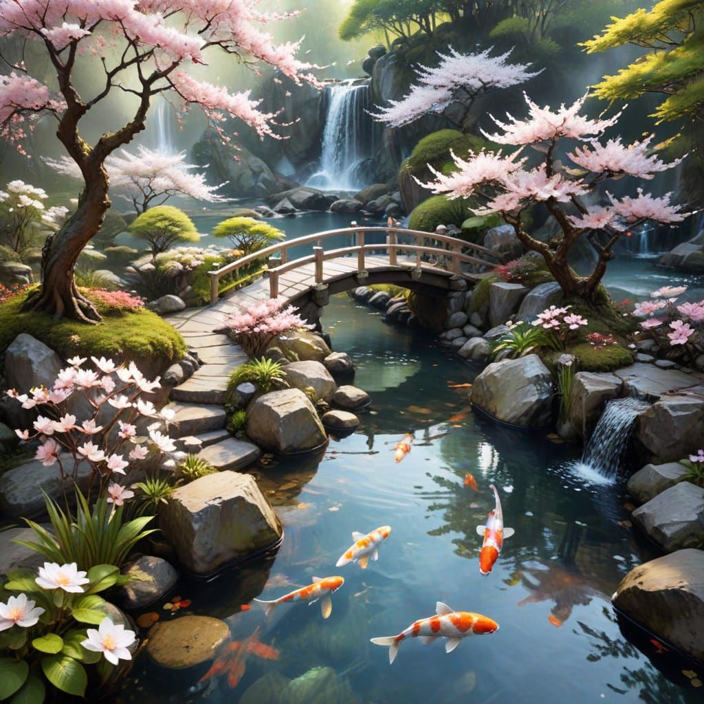 Zen Garden Koi Pond in Watercolor Style
