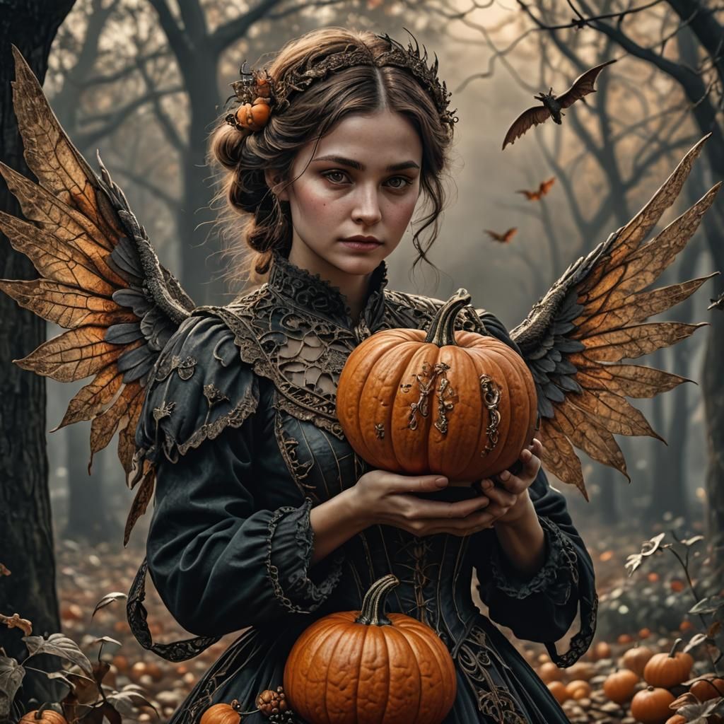 Woman with Winged Pumpkin: Hyperrealistic 64MP Image