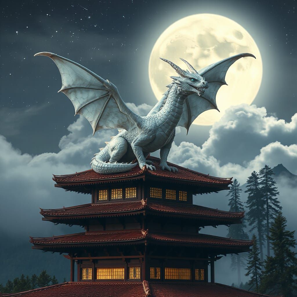 Majestic White Dragon on Pagoda Rooftop Under Full Moon