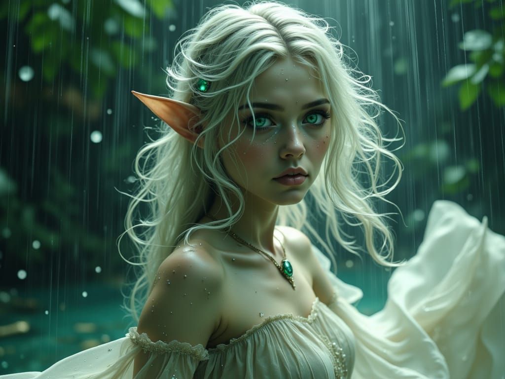 Elven Woman Dancing in the Rain, Atmospheric Style